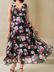 Chikora Spring Women's Black Base Red Chiffon Floral Print Sleeveless Plus Size Dress, Elegant Coat Beautiful Clothing Women Dresses Elegant Dresses Women Summer Dresses Women Summer Dresses Elegant Women Dresses Summer Dresses Plus Size Women Dresses Summer Elegant Women Dresses Holiday Dresses