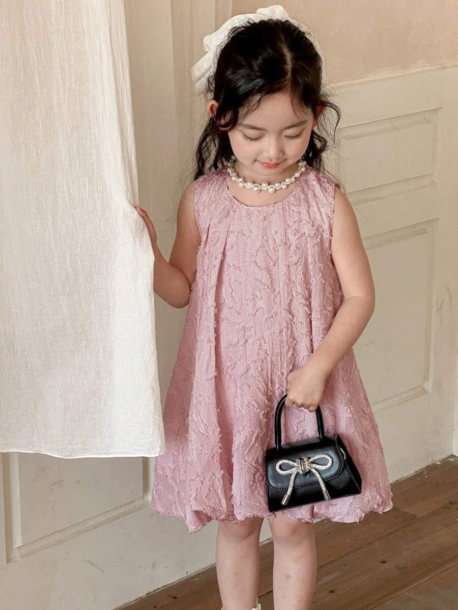 DAZY Vestido suelto y casual de cuello redondo sin mangas y texturizado liso para niñas jóvenes, conjunto de verano para niñas