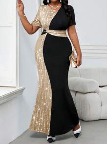 Fleurora 大码夏秋冬优雅派对婚礼酒会演唱会/音乐节彩色针织圆领美人鱼长袖连衣裙，情人节度假新年派对服装