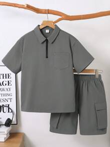 2pcs/Set Kids Tween Boys' Casual Vacation Polo Collar Half-Zip Pullover Shirt & Relaxed Fit Solid Shorts Set
