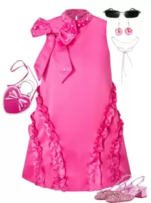 SHEIN Explorewe Tween Girls' Elegant Beaded Collar Asymmetric Bow Flare Hem Sleeveless Dress, Suitable For Parties, Weddings, Vacation And Events, Spring/Summer - Hot Pink - View 9