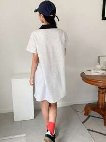 DAZY Tween Girl Front Zipper Short Sleeve Simple Casual Dress, Daily Wear - Grey - View 4