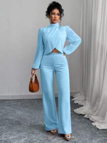Chiquease Conjunto feminino de 2 peças, gola falsa, bainha assimétrica, manga lanterna - Azul - Ver 3
