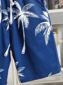 SHEIN Bộ 2 món áo sơ mi tay ngắn dệt cổ bẻ cho bé trai tuổi mới lớn và quần short - Màu xanh hải quân - Xem 5