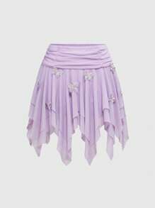 ROMWE 不对称薄纱 3D 蝴蝶结装饰女式半身裙