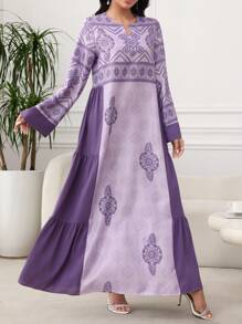 Al Najma Abito lungo a maniche lunghe con stampa patchwork, minimalista e alla moda, adatto per l'estate