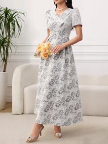 Modelyn 女士优雅提花泡泡袖长裙 - 灰色 - 查看 4