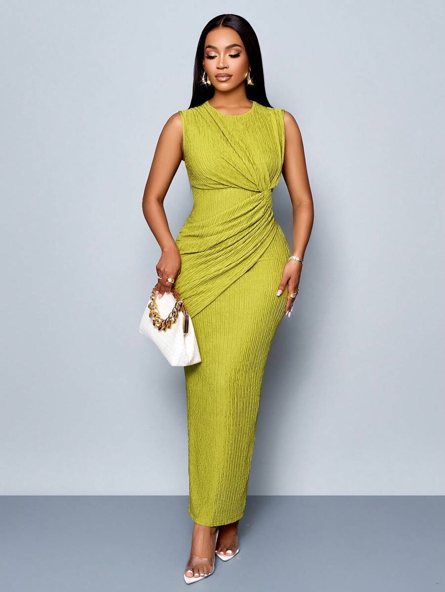 SOLERSUN Women Elegant Solid Twist Front Ruched Bodycon Dress - Green - View 1