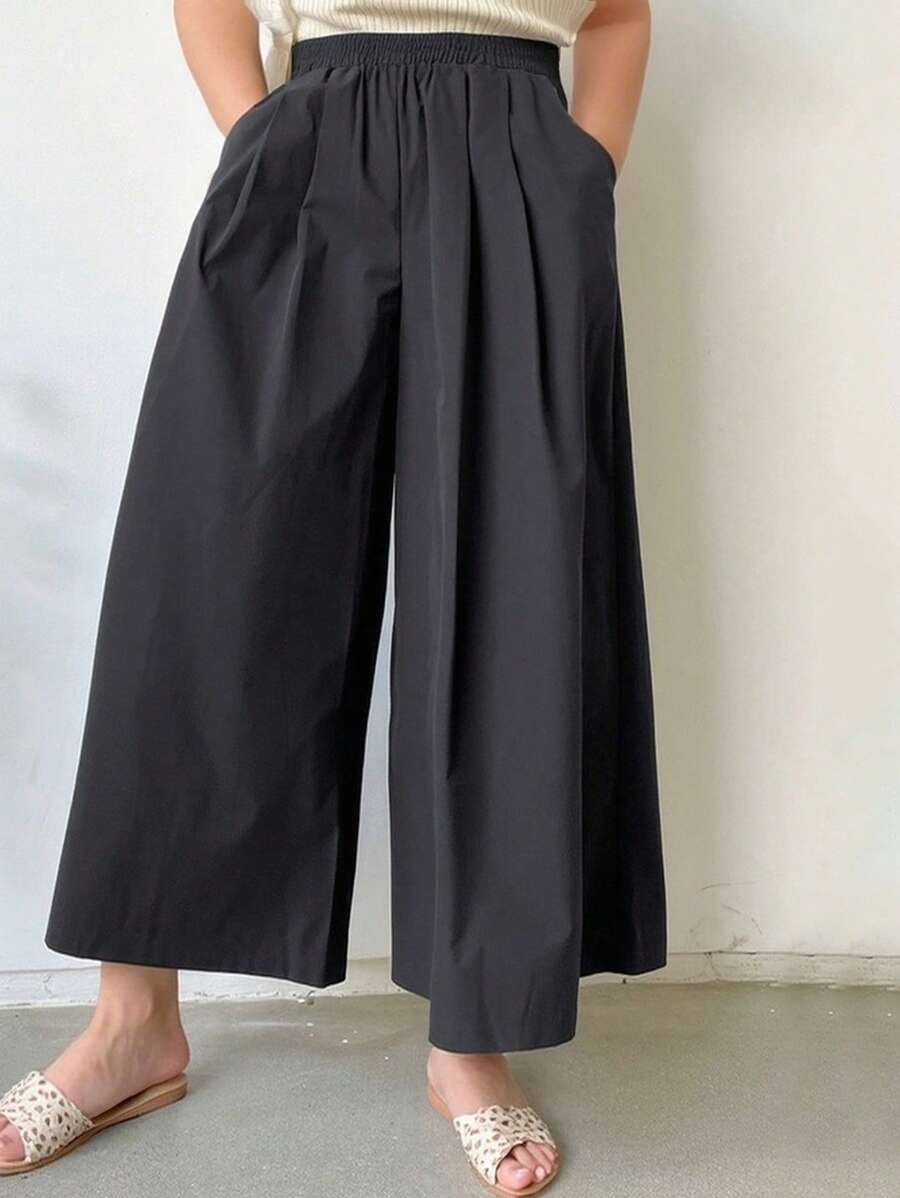 Dazy Plus 加大码弹性腰部纯色阔腿七分裤，商务休闲，四季秋季 - 黑色 - 查看 1