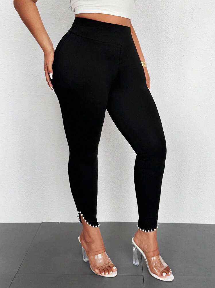 SHEIN Unity 大码女式高腰纯色褶皱下摆优雅紧身裤 - 黑色 - 查看 5