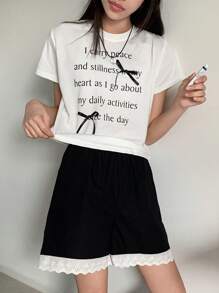 DAZY 2pcs/Set Tween Girl Slogan Printed Short Sleeve T-Shirt And Shorts Set,Girls Summer Outfits,Back To School Clothes - White - View 5