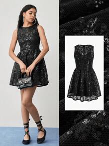 MOTF STUDIO SEQUIN MESH FLARED TANK DRESS - Black - View 1