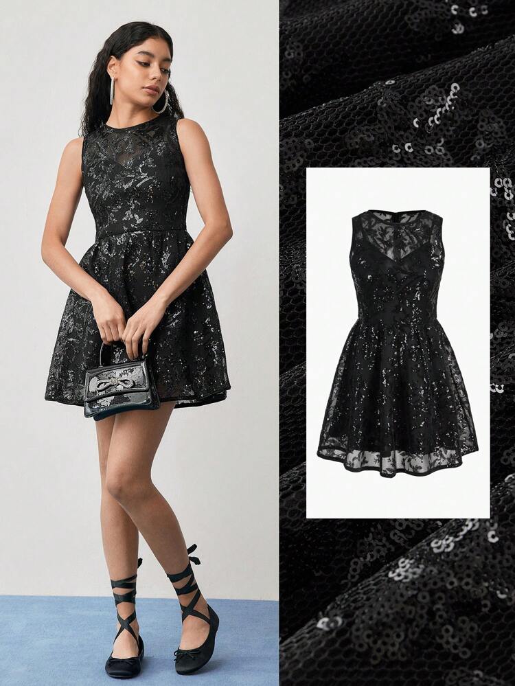 MOTF STUDIO SEQUIN MESH FLARED TANK DRESS
