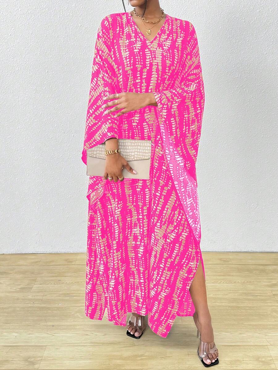 SHEIN Clasi 女士条纹蝙蝠袖 V 领开衩长衬衫罩衫连衣裙长款女装 - 玫紅色 - 查看 1