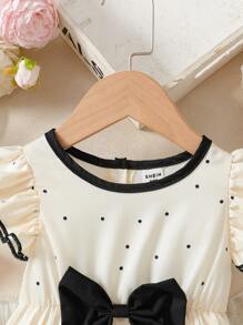 Toddler Girls' Fashion Simple Dress, Black Polka Dot Print On Apricot Base, Exquisite Pleated Craft, Classic Black Accents Ruffle Sleeves, A-Line Loose Fit, Versatile Daily Style, Sweet & Cute Yet Elegant - Apricot - View 4