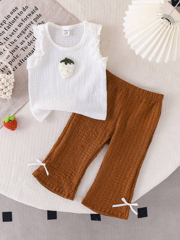 SHEIN Baby Girl Summer New Set Sleeveless Cartoon Strawberry Print Top + Solid Pink Flare Pants