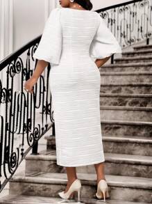 Fleurora 春夏优雅通勤办公室粉色针织纹理圆领铅笔喇叭袖中长袖大码连衣裙优雅女装高档服装夏季女士夏装夏季连衣裙夏装女士春装大码女装 - 白色 - 查看 2