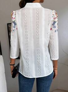 SHEIN Clasi 女士花卉印花泡泡休闲激光切割刺绣优雅衬衫，春夏女士衬衫