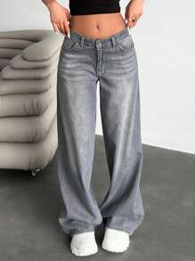 EURMUSE Quần Jeans Ống Rộng Cạp Thấp Chi Tiết - Xám - Xem 5