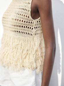 Maija Blusa de punto casual sin mangas de cuello redondo de unicolor albaricoque con flecos, calada, estilo bohemio para playa y vacaciones - Albaricoque - Ver 6
