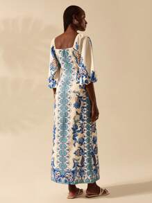 CAJUNI 女士波西米亚风格热带花卉印花 V 领泡泡袖宽松连衣裙