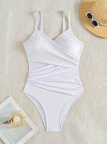 SHEIN Swim 女士纯色交叉设计时尚露背连体泳衣 - 白色 - 查看 3