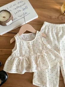 SHEIN LMoss Kids Babygirl Casual Cute Summer Polka Dot Sleeveless Top And Elastic Waist Pants Set
