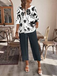 EMERY ROSE 花卉印花女式衬衫和 3/4 裤套装 - 黑色 - 查看 3