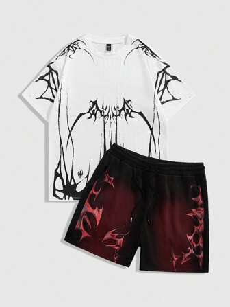Goth Set di maglietta a maniche corte con stampa grafica gotica e scollo rotondo, e pantaloncini con coulisse in vita, casual, adatto per Ognissanti, per uomo