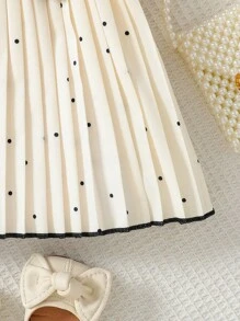Toddler Girls' Fashion Simple Dress, Black Polka Dot Print On Apricot Base, Exquisite Pleated Craft, Classic Black Accents Ruffle Sleeves, A-Line Loose Fit, Versatile Daily Style, Sweet & Cute Yet Elegant - Apricot - View 7
