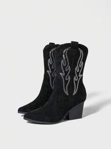 Styleloop 女士尖头粗跟中筒靴，侧拉链绒面水钻牛仔马靴，亮棕色，秋冬款 - 黑色 - 查看 3