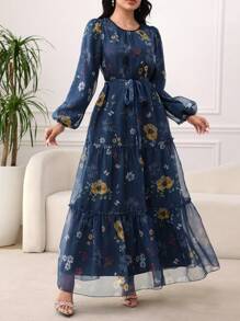Modelyn 女式长款花卉印花雪纺收腰连衣裙，优雅春夏季 - 藏蓝色 - 查看 6