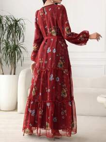 Modelyn 女式长款花卉印花雪纺连衣裙，收腰设计，优雅春夏季节 - 紅色 - 查看 2
