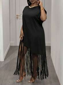 Slaydiva Plus Size Loose Solid Black Long Tasseled T-Shirt Dress, Casual For Spring/Summer Vacation - Black - View 5