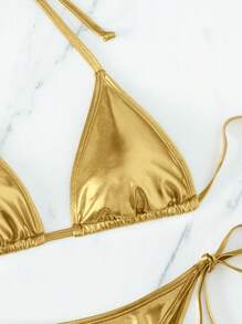 Swim Mod Women's Summer Beach Solid Color Metal Texture Halter Tied Sexy Bikini 2 Pieces Swimwear Set - Yellow - View 3