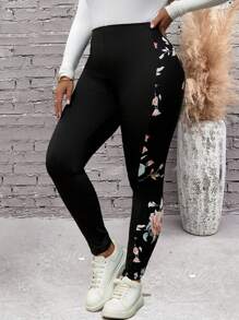 SHEIN PETITE CURVE Plus Size Casual Floral Print Patchwork Leggings - Black - View 3