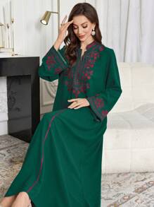 Al Najma Women's Floral Embroidered V-Neck Abaya Robe Long Sleeve, Modest Kaftan - Dark Green - View 5