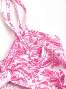 Sweetra French Summer New V-Neck Hollow Out Vacation Elegant Pink Floral Print Sling Dress For Women - Pink - View 5