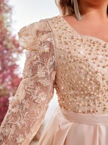 Glamrae Plus Size Luxury Lotus Pink Pearl & Rhinestone Embroidered Satin Patchwork Elegant Evening Gown - Apricot - View 5