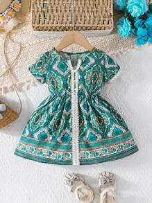 Vestido de verano informal para bebé niña con vuelos, media abertura y estampado floral, cómodo y apropiado para uso al aire libre/vacaciones - Verde - Ver 7