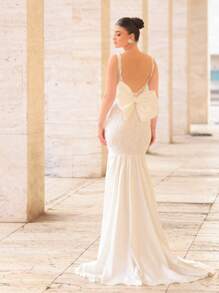 Glamrae 优雅奢华刺绣亮片系带缎面美人鱼裙，配有可拆卸大蝴蝶结拖尾，适合婚礼、派对、舞会、度假、婚纱、新娘 - 米色 - 查看 3