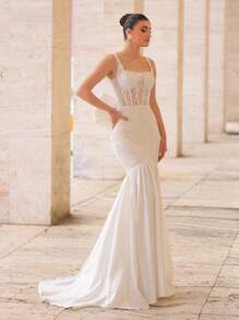 Glamrae 优雅奢华刺绣亮片系带缎面美人鱼裙，配有可拆卸大蝴蝶结拖尾，适合婚礼、派对、舞会、度假、婚纱、新娘 - 米色 - 查看 1