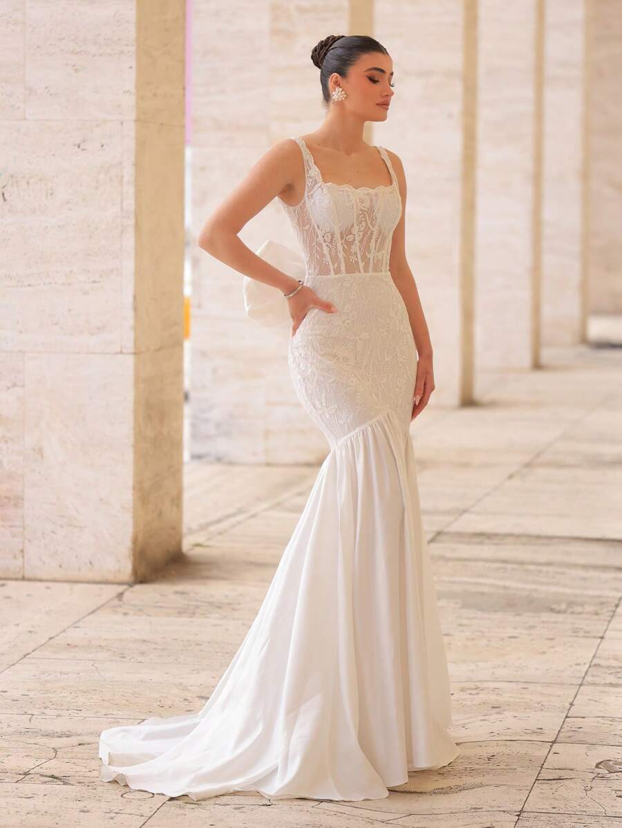 Glamrae 优雅奢华刺绣亮片系带缎面美人鱼裙，配有可拆卸大蝴蝶结拖尾，适合婚礼、派对、舞会、度假、婚纱、新娘 - 米色 - 查看 1