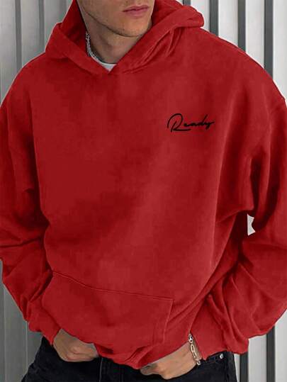EURMUSE Men Letter Graphic Red Hoodie Simple Fashion Daily Casual