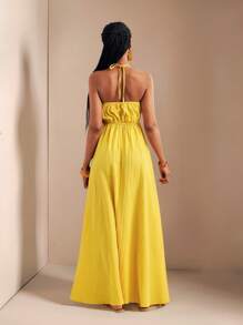 Zivah 新款春夏休闲假日露背露肩胸围、腰围和后背摆裙，前部高开叉至大腿，黄色海条纹女式超长连衣裙-B - 黃色 - 查看 2