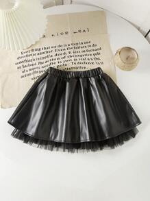 Genkimix Kids Young Girl A - Line PU Leather Skirt. The Hem Is Decorated With Net Lace Accessories. It's Comfortable, Stylish, Elegant, Sweet, And Cute, A Must - Have For Daily And Outings.