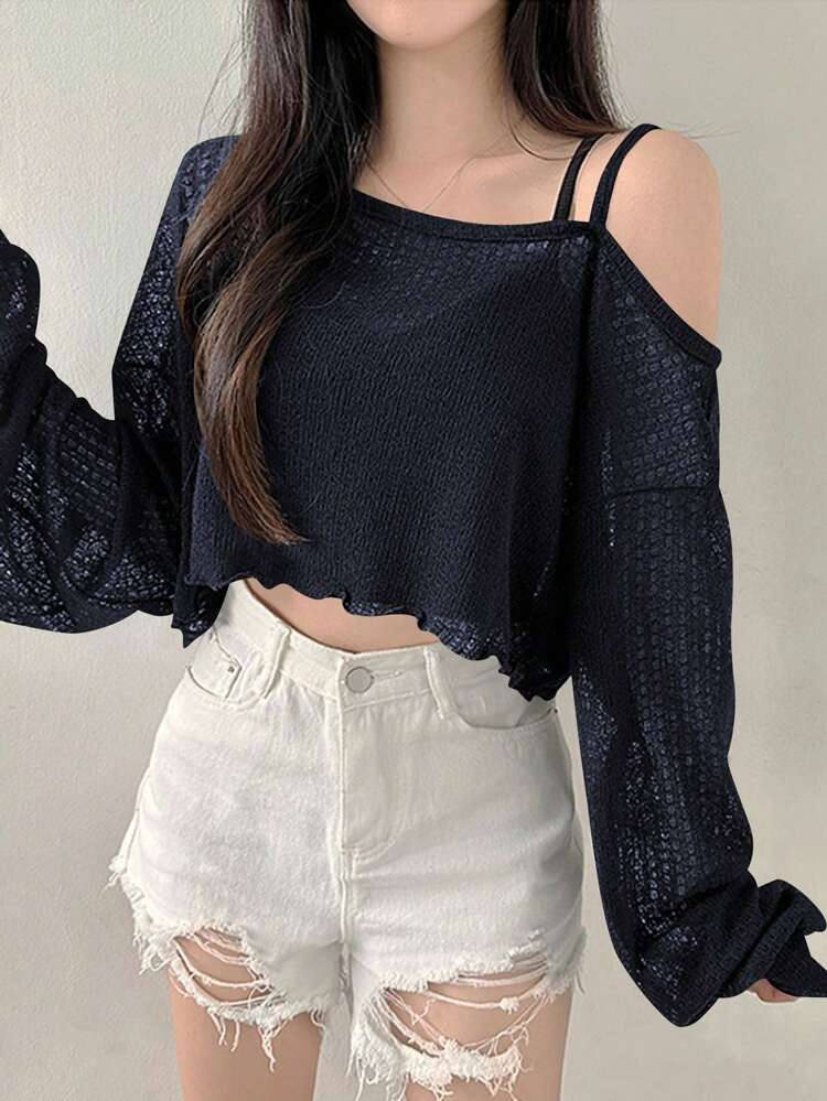 Women's Asymmetric Asymmetrical Shoulder T-Shirt, Minimalist & Fashion, Suitable For Summer Long Sleeve Women Tops,Fall Women Clothes Crop Women Tops