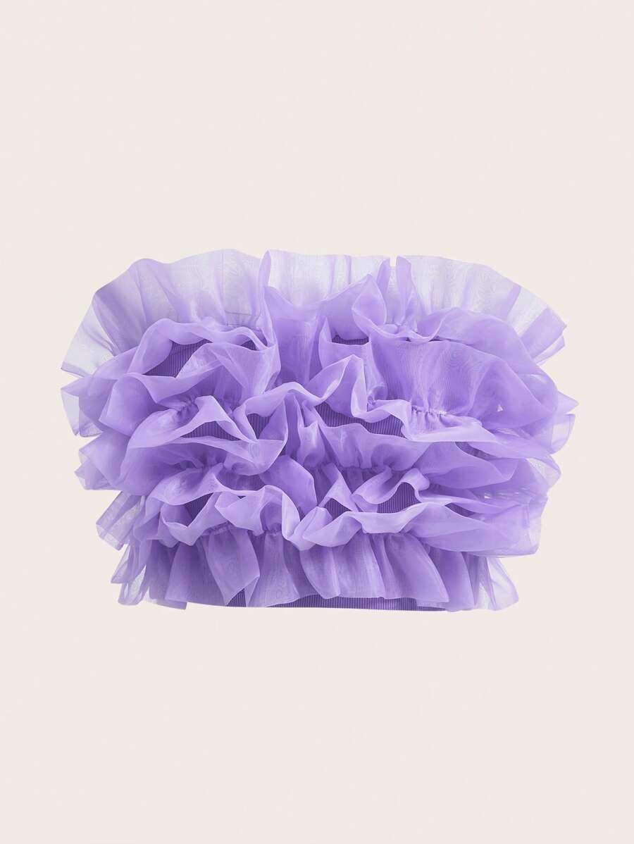 Aveloria Ruffle Trim Mesh Overlay Top Holiday Party Clothes Cute Funny Shirts  Elegant Fashionable Style For Summer Spring Fall Autumn - Purple - View 1