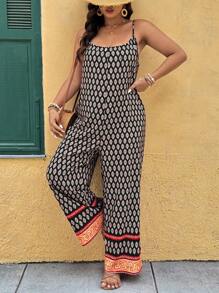 SHEIN LUNE Plus Size Women's Bohemian Style Printed Strappy Jumpsuit, Spring/Summer - Multicolor - View 5