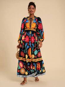 Travachic Vacation Floral Print Tie Up Long Sleeve Dress,Fall Clothes,Elegant Women Dresses,Fall Women Dresses,Mexican Women Dresses